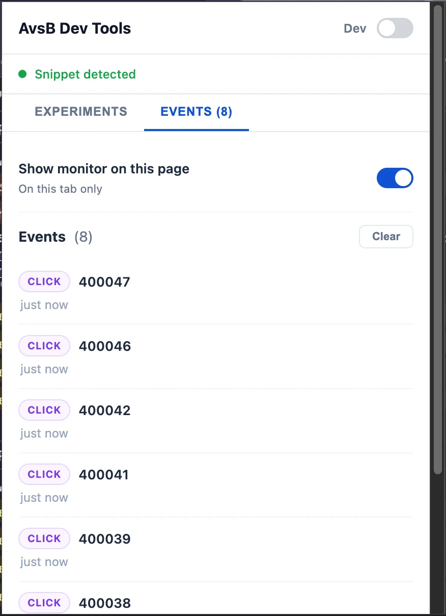 Extension dev tools popup — snippet detected, experiments and a live events feed