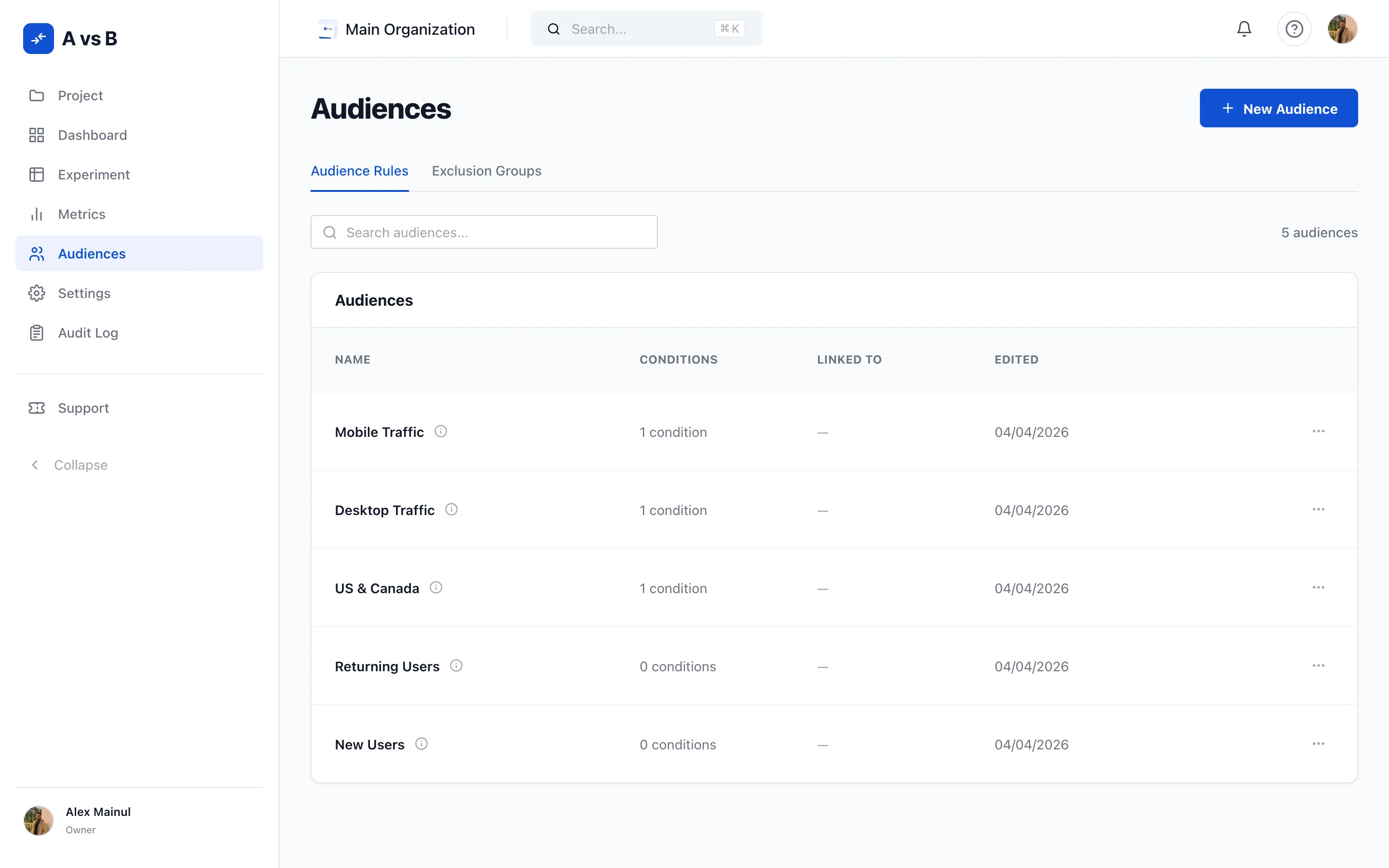Audience builder showing nested AND/OR condition logic