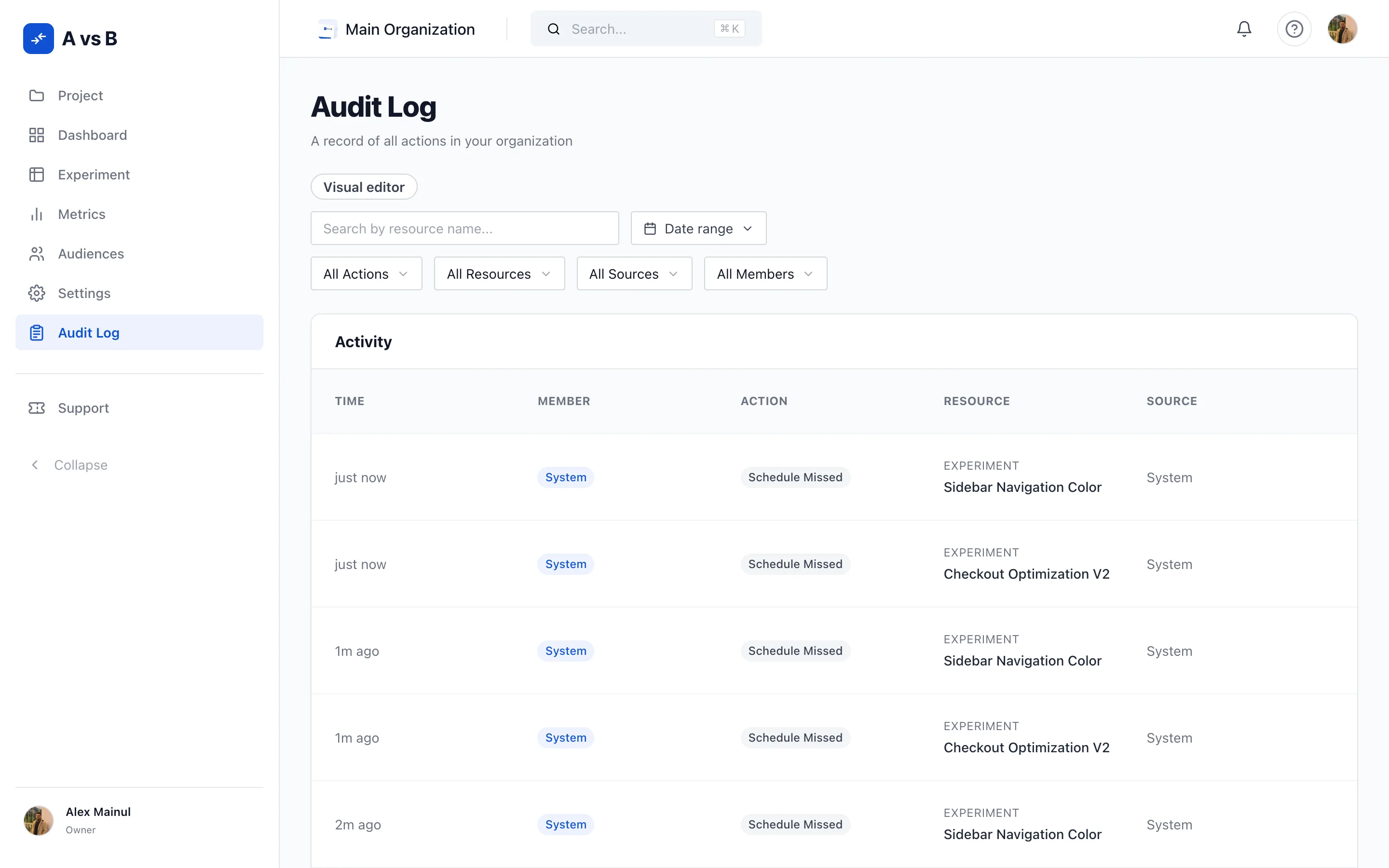 Audit log screen showing a timestamped history of experiment changes