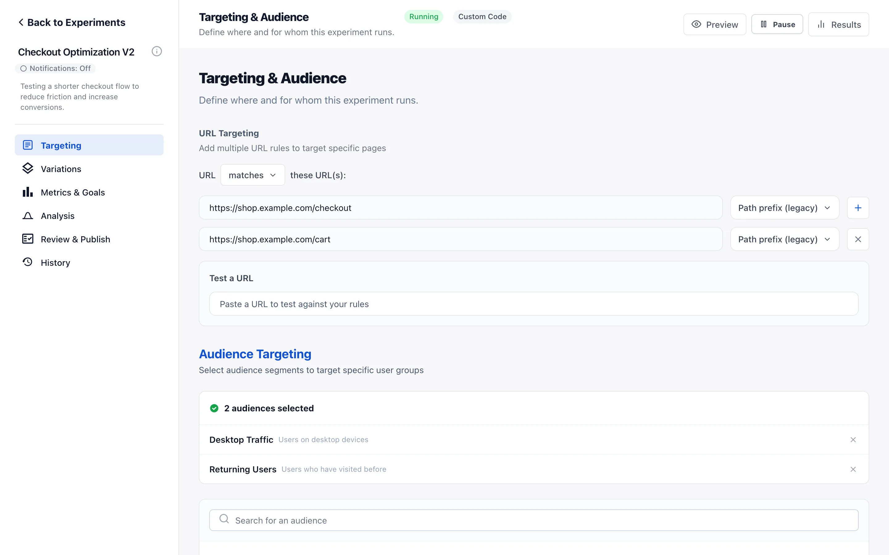 Experiment targeting configuration screen showing audience rules