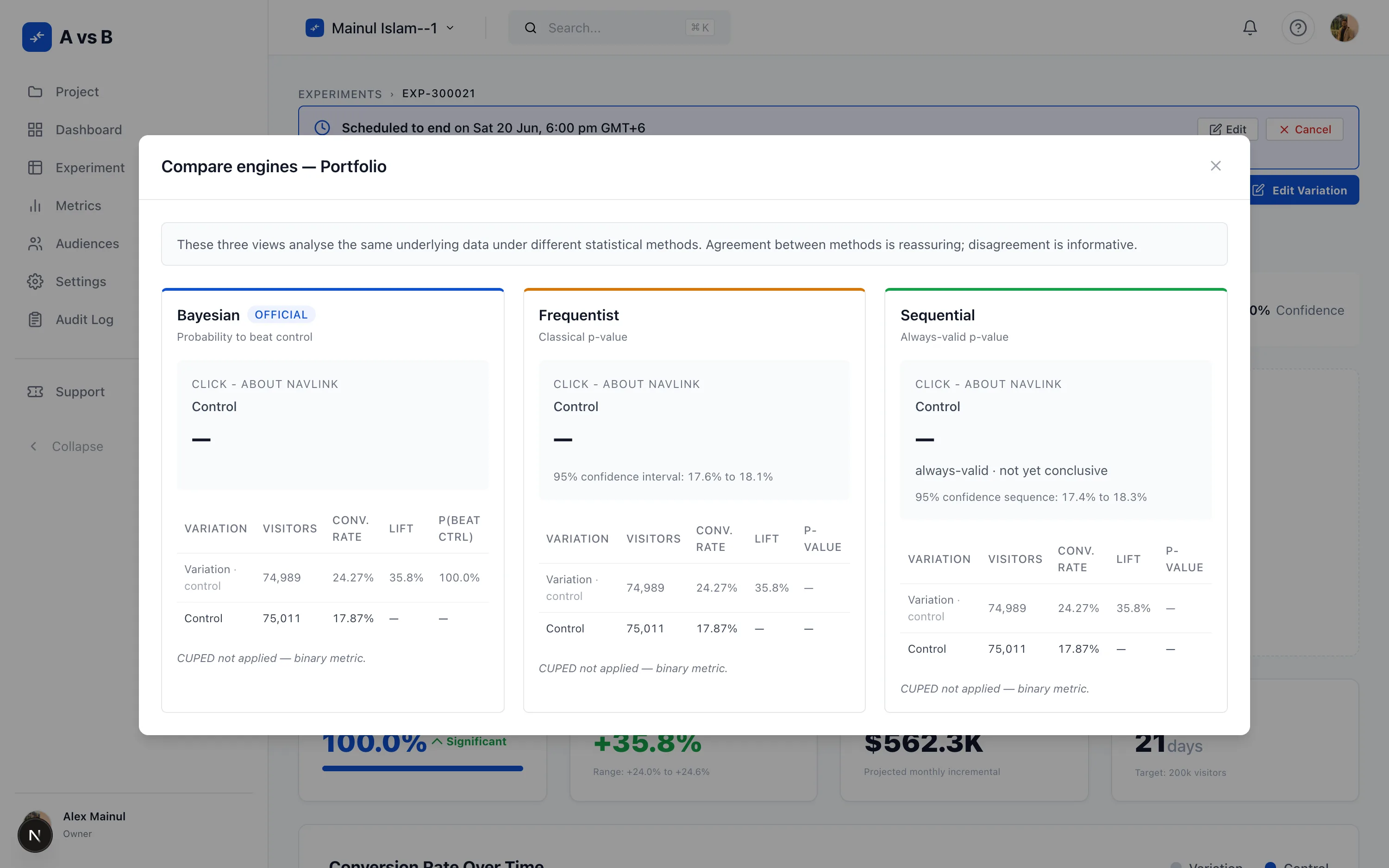 Compare engines panel: Bayesian, Frequentist, and Sequential results for the same experiment side by side
