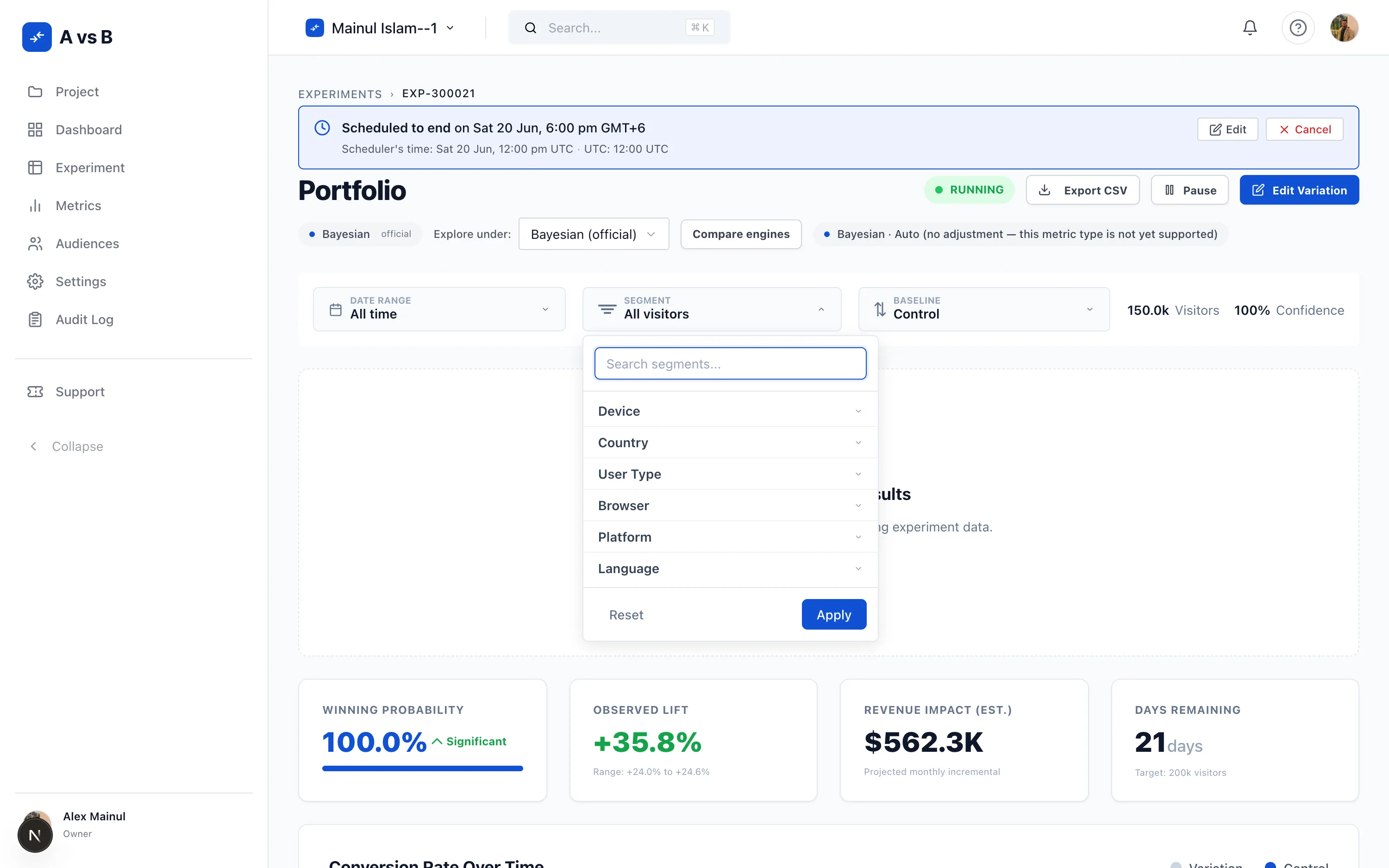 Results filter bar with date range, baseline, and an open segment dropdown listing device, country, user type, browser, platform, and language