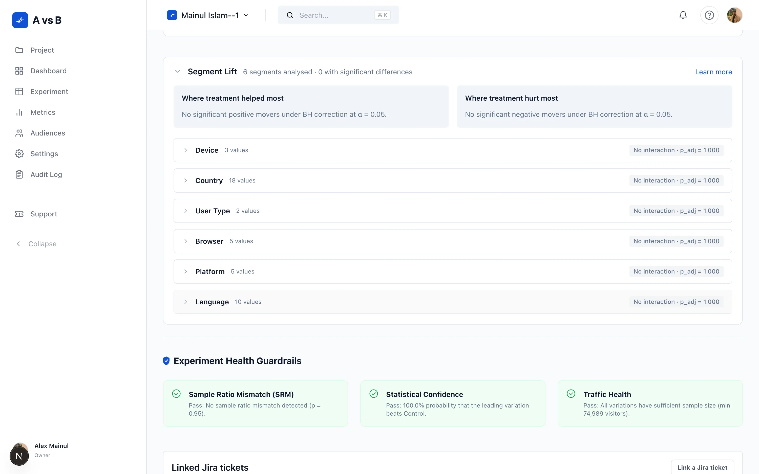 Segment lift across device, country, user type, browser, platform, and language, with SRM, confidence, and traffic-health guardrails