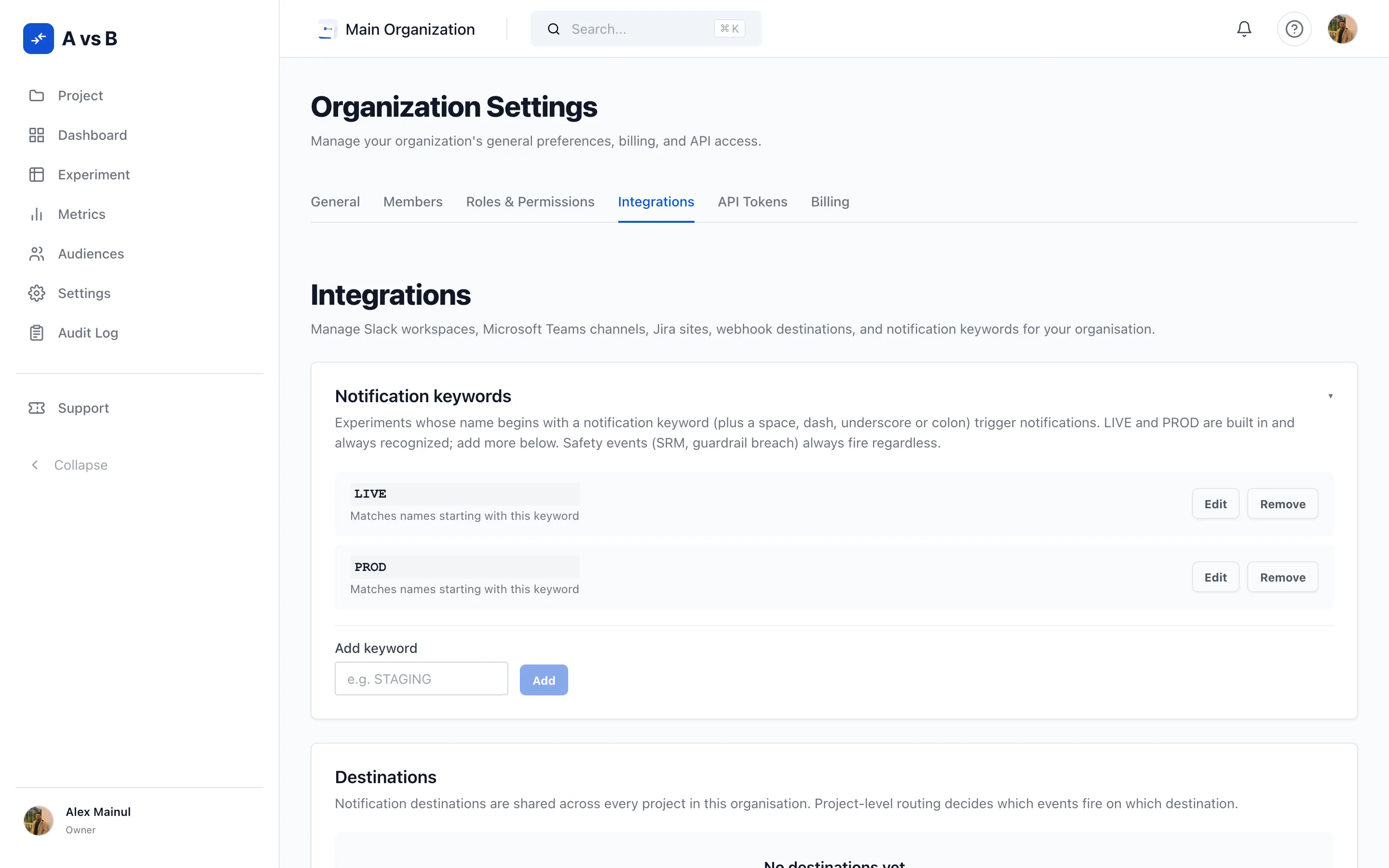 Integrations settings page showing all analytics providers