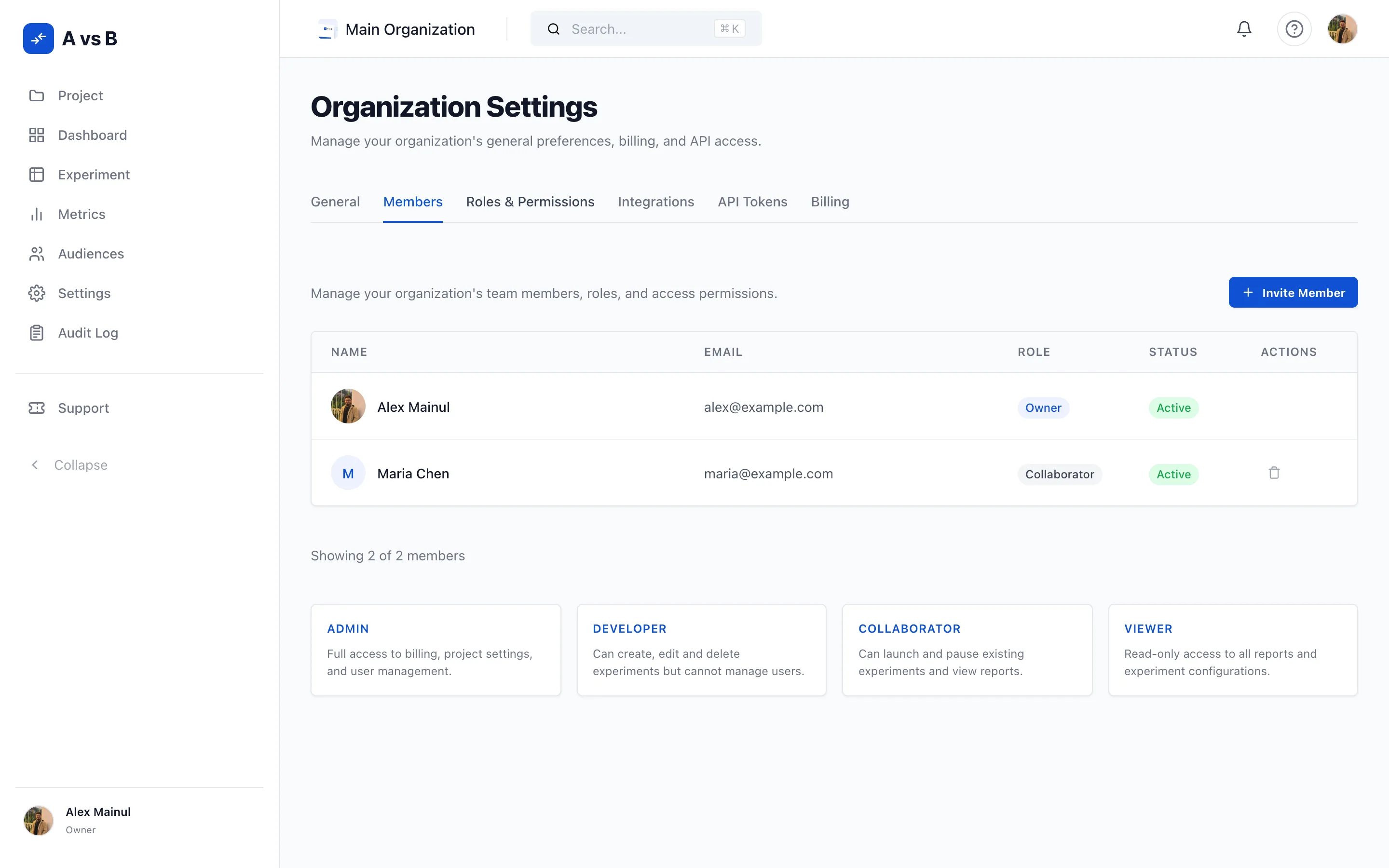 Team members management screen