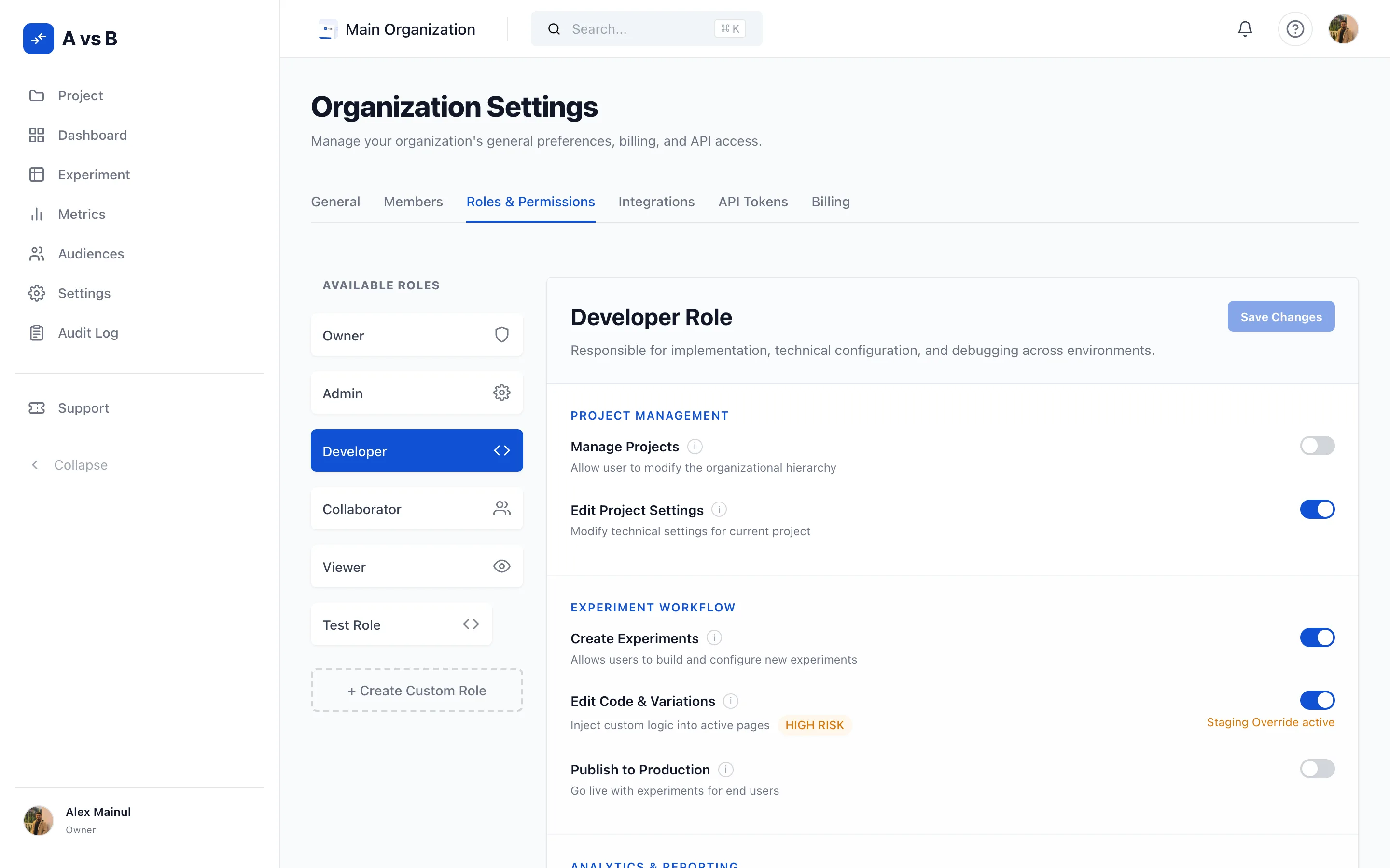 Custom roles settings showing granular permissions for each role