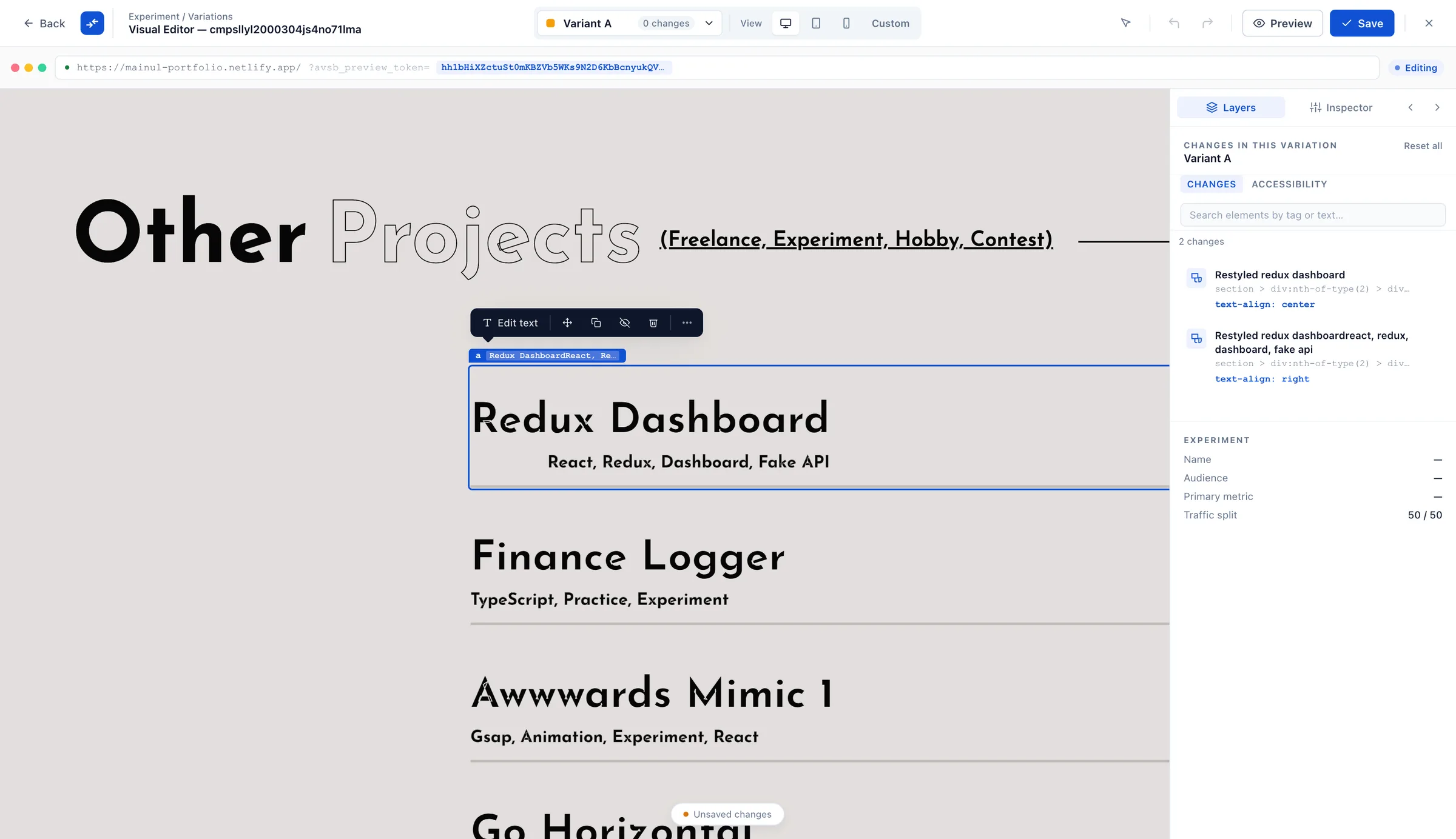 Changes in this variation: every restyle and alignment edit tracked per element, with the experiment summary alongside