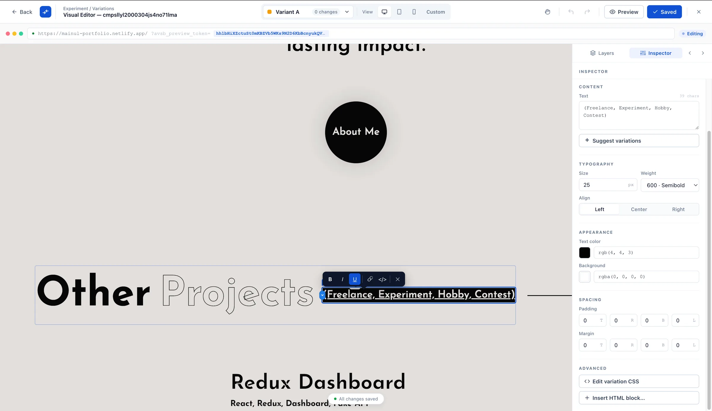 Inline rich-text toolbar over selected copy — bold, italic, underline, link, and inline code — plus Edit variation CSS and Insert HTML block