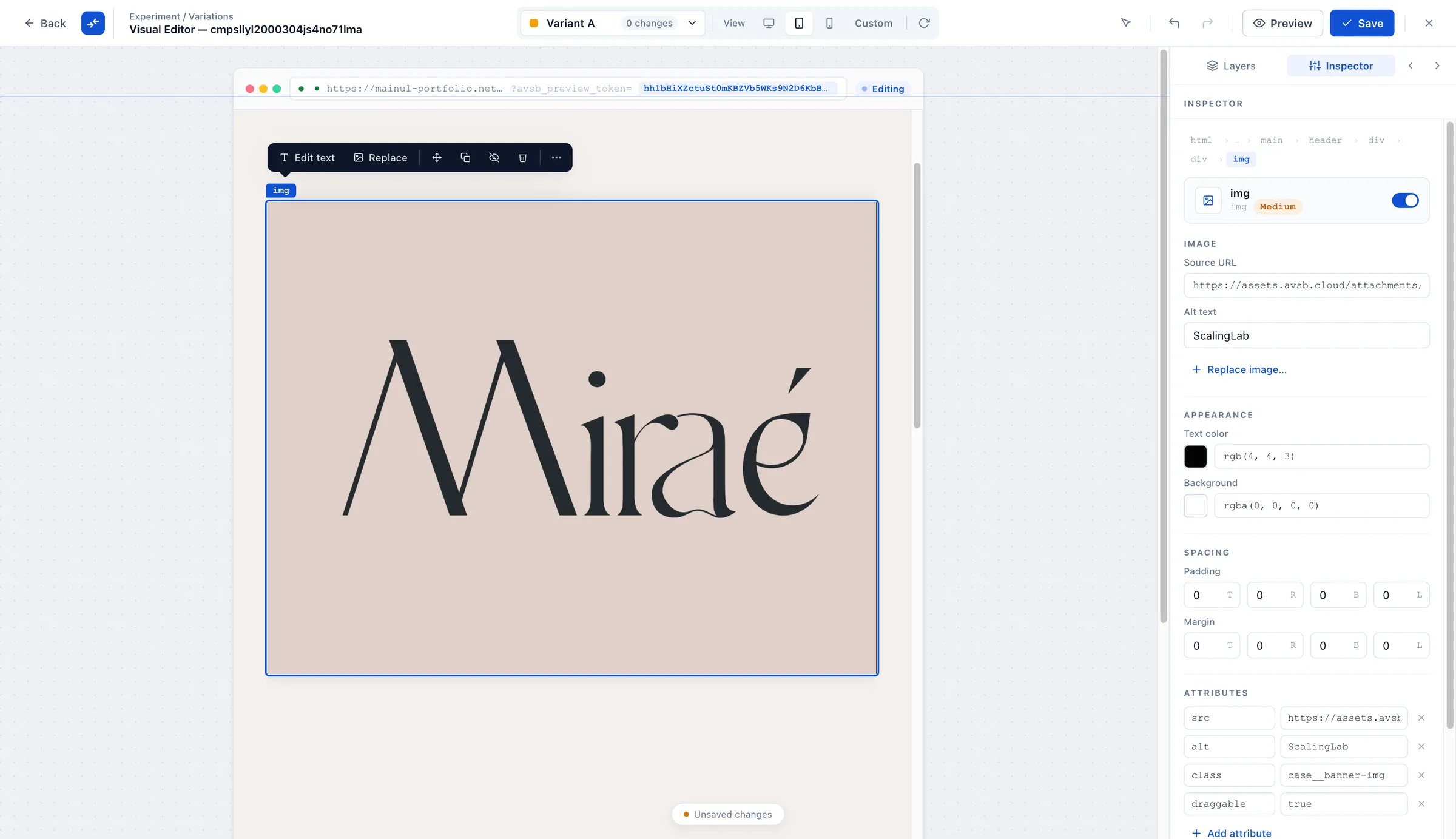 Image element inspector: source URL, alt text, appearance, spacing, and raw HTML attributes (src, alt, class, draggable)